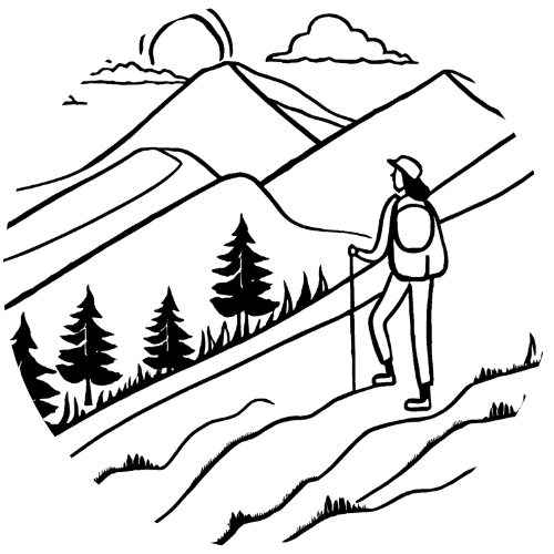 Twelve 1-on-1 Sessions A person in with a backpack and walking stick hikes through mountains and forests